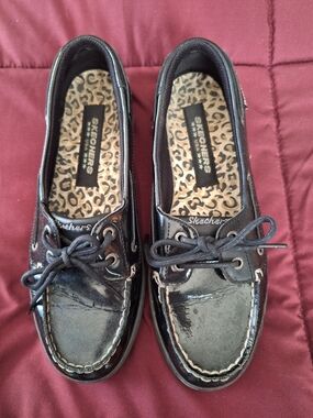 Skechers Black Patent Leather Lace-Up Boat Shoes with Leopard Insole
